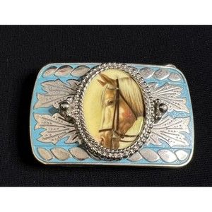 Faux Turquoise & Silver Tone Horse Head Cameo Cabochon Western Belt Buckle